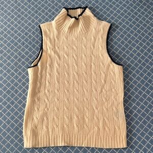 Ralph Lauren cashmere mock turtleneck, sleeveless sweater, cream with navy trim.
